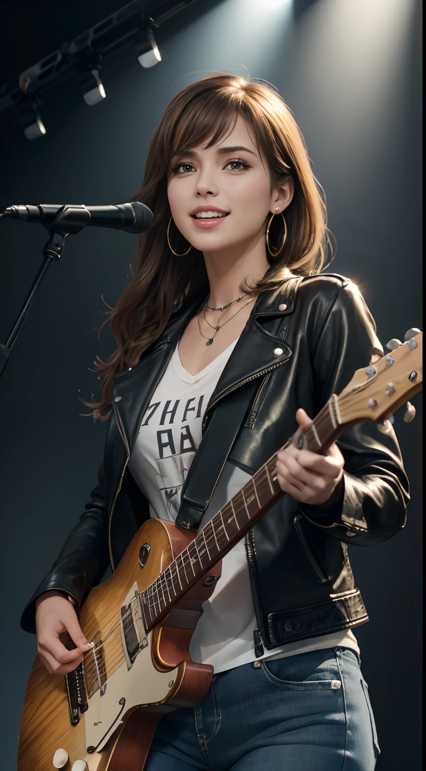 (Masterpiece:1.3, Best quality, Photorealistic, Ultra-detailed, finely detailed, high resolution, 8K wallpaper), 1 beautiful girl, Lead singer of the band group, In a leather jacket, Sing with an electric guitar, standing microphones, Mouth open, Beautiful face, Detailed face, Beautiful eyes, Detailed eyes, Smiling, Earrings, necklace, Detailed guitar, (Straight guitar neck and strings), Medium length light brown hair, be on stage, spotlight, Look at the viewer