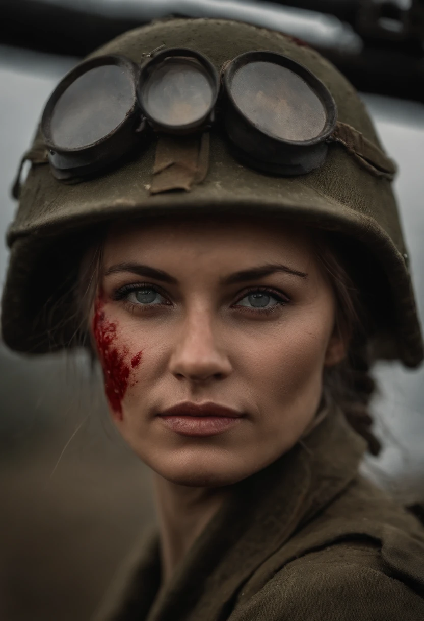 Female warrior of the Soviet army,Tattered military uniforms,Stained with blood,Determined eyes,T34 tank,The battlefield that has just ended the battle,4k画质,Light particles