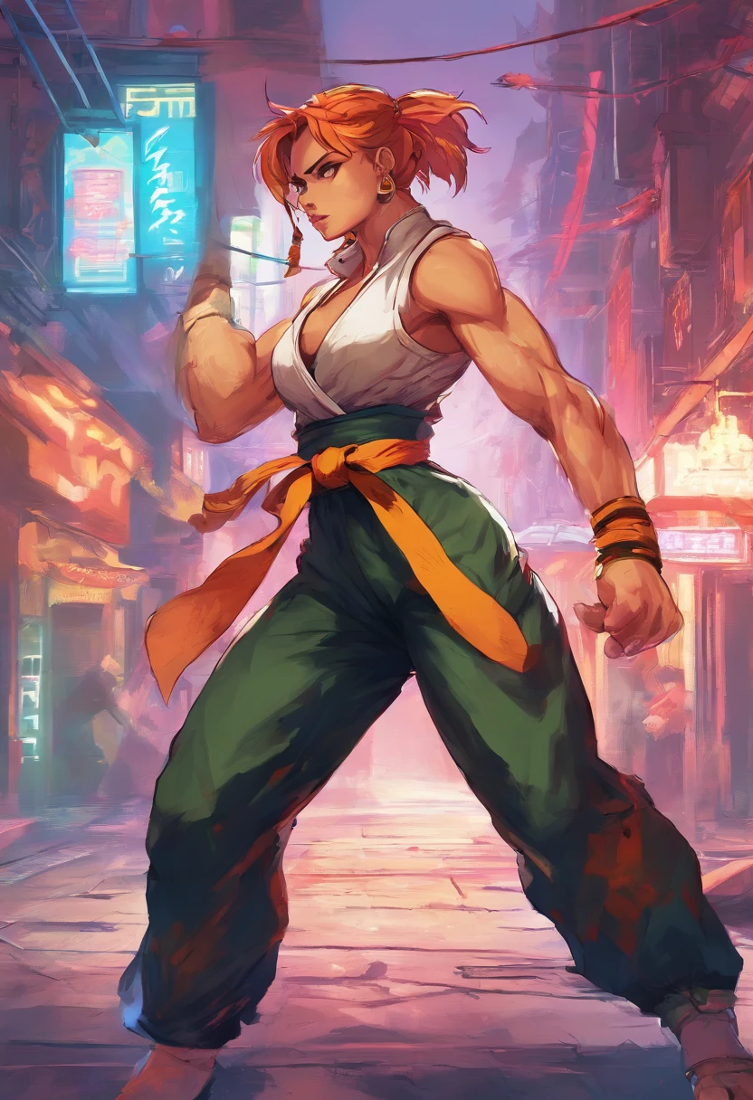 best quality, 8k, a woman in a top and baggy pants, city scenery, pc wallpaper,