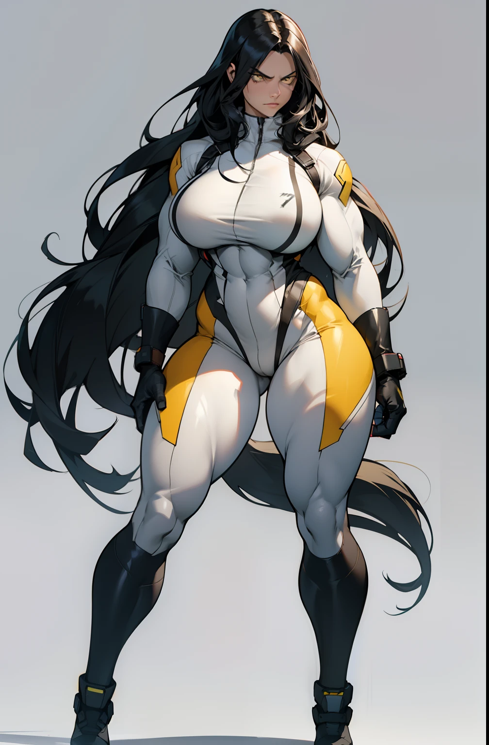 grey background, solo, 1 girl, bodysuit, very long hair, black hair, angry, yellow eyes, (((muscular))), ((huge tits)), (thick thighs)), ((wide hips)), (full body), pale skin