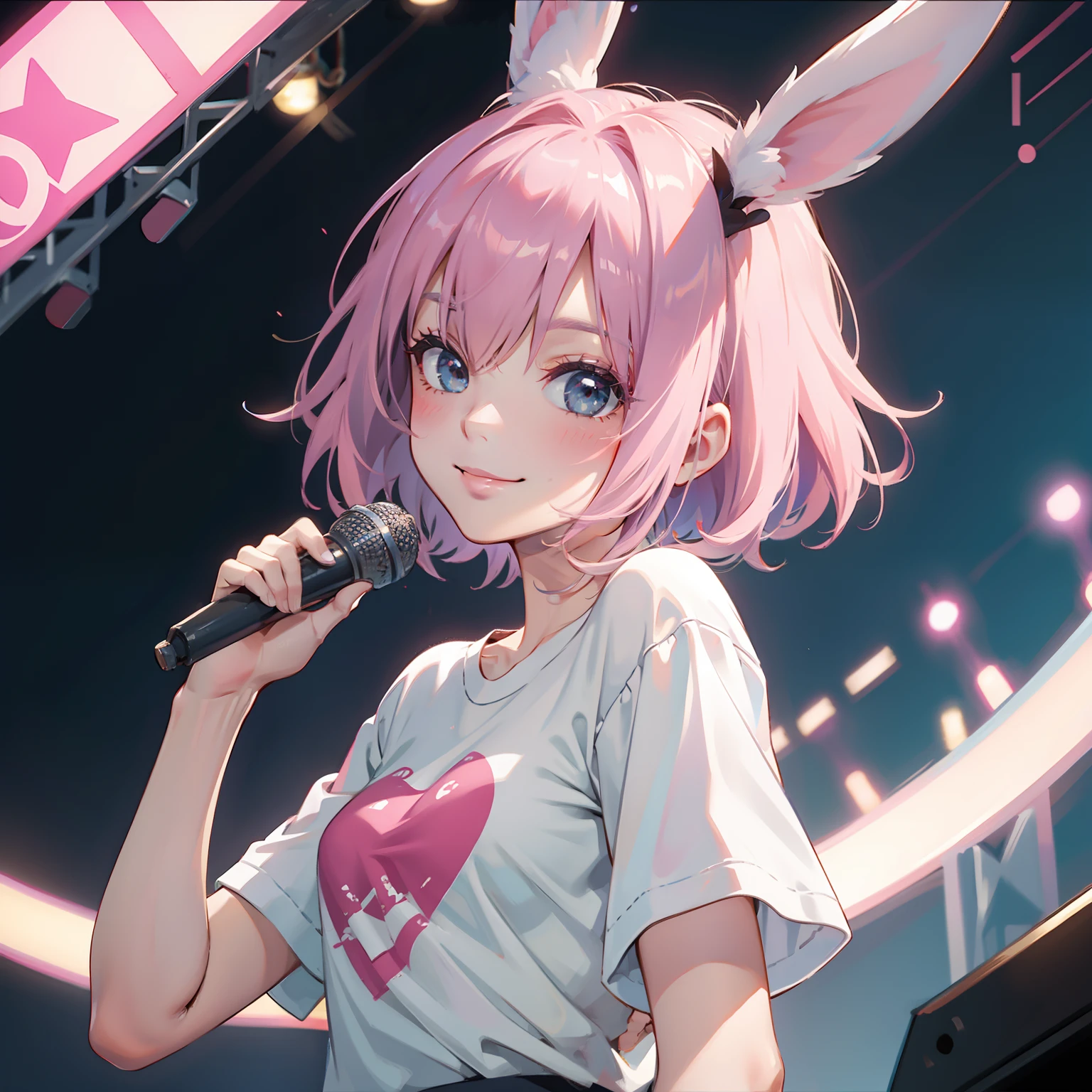 Anime girl with short white hair, it has a pink bow on her head, pink one part swimsuit and one pink and one green stockings, Choker, bandages on the hands,cute anime girl, anime girl, female furry mini cute style, anime style character, flat anime style ,One character,Anime Vtuber Model, anime moe artstyle, white girl,eyes wide open eyes, big eyes, happy, big smile, with a microphone in her hand
