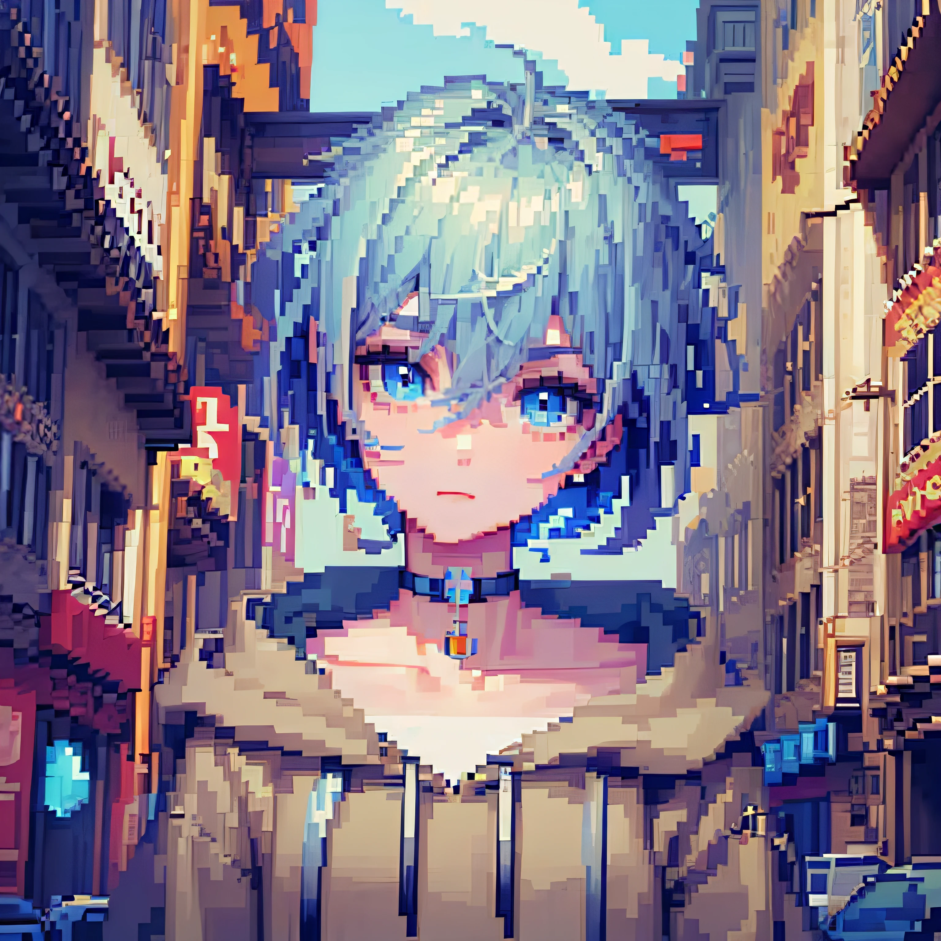((The style of pixel art)), pix, 4-bit pixel art, 1 Boys close, Face only, Beige hair, blue hairs, Blue eyes,  choker necklace,Loose hoodie,Black hoodie， Pixel official art, absurd res, view the viewer, solofocus, Dynamic Angle, Head tilt, , Ultra-fine pixel art