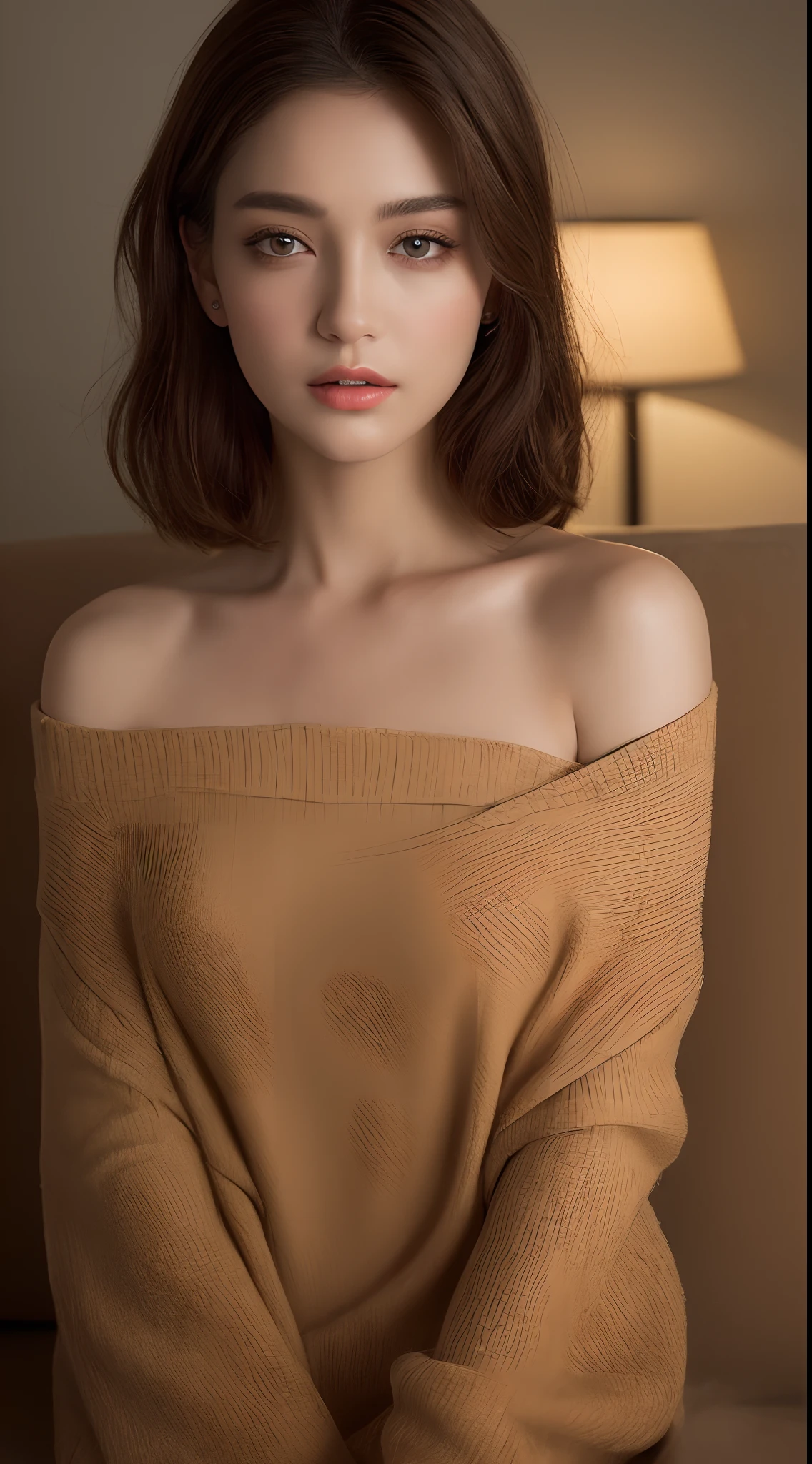 ((Night view, realistic light, best quality, 8k, masterpiece: 1.3)), 1girl, pretty woman with slim figure: 1.4, (brown hair, medium breasts: 1.3), off-the-shoulder cut top: 1.3, sofa, super detailed face, detailed eyes, double eyelids