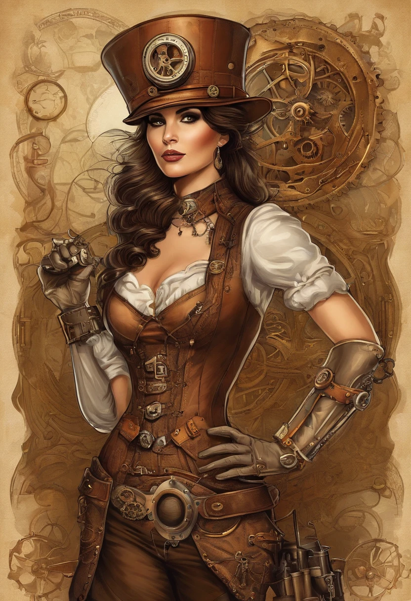 There's a woman wearing a Steam Punk hat and holding a gun.., Steampunk, usando trajes Steampunk, meninatora steampunk, (Steampunk), ( Steampunk ), estilo steampunk, Steam-punk, Steampunk Fiction, steampunk aesthetic, uma deusa Steampunk bonita, steampunk mulher anime bonita, Steampunk, fantasia Steampunk, estilo de fantasia steampunk, arte steampunk, arte digital steampunk, roupas Steampunk