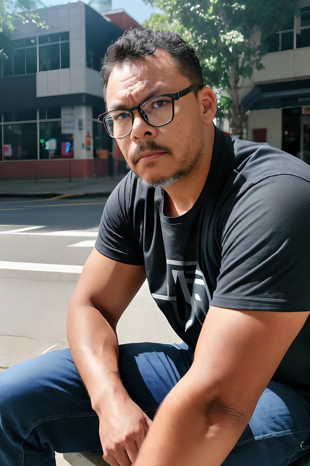 guttonerdvision10, A man with glasses feels skeptical as he sits on a bench on the side of the street, usar o celular em busca de empregos, in cinematic background, detailed facial features, global ilumination , Fechar Tiro, Miki Asai Macro fotografia, Close-up, hiper detalhado, trending on ArtStation, foco nítido, Studio photo, detalhes intrincados, altamente detalhado, Directed by: Greg Rutkowski