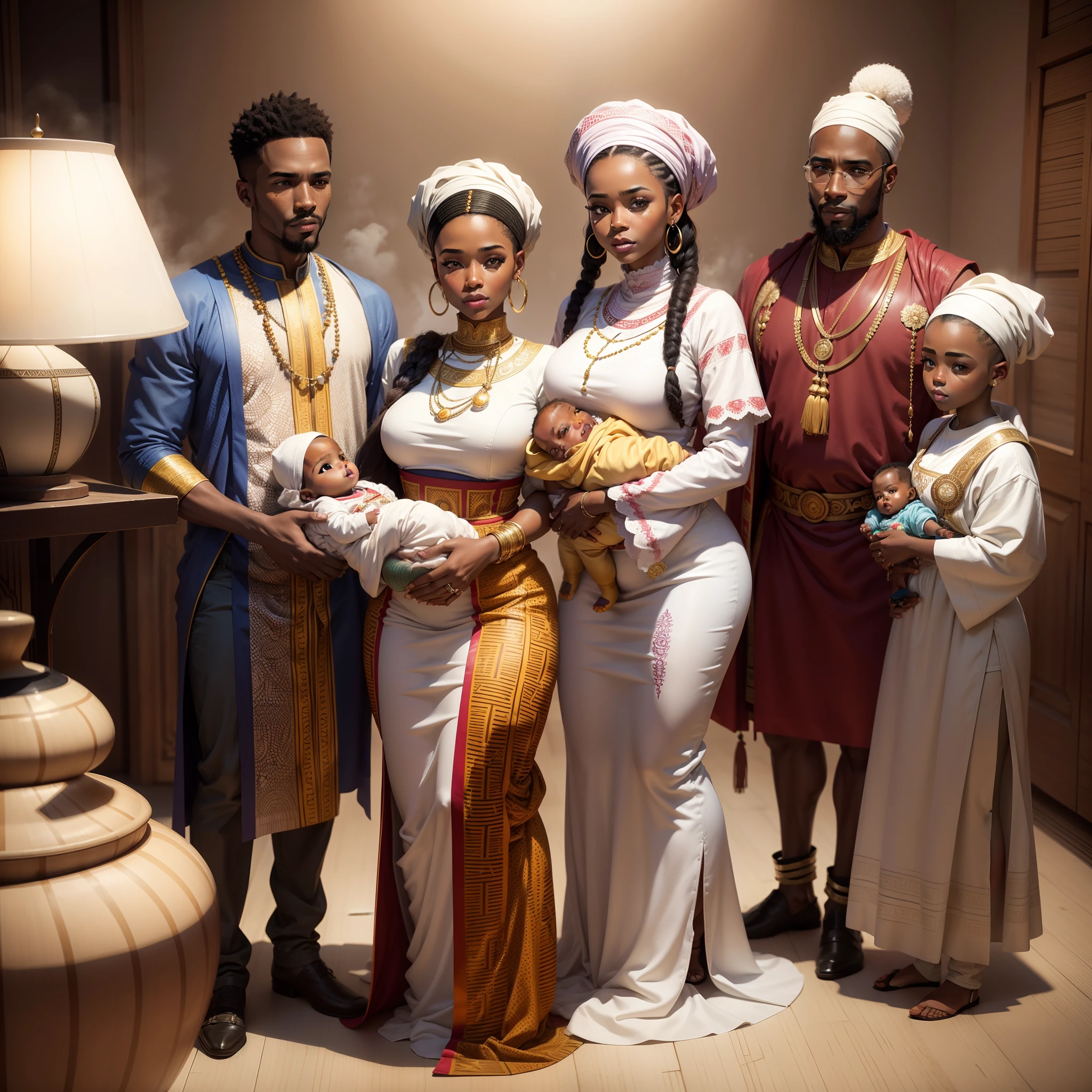 Full body shot of African husband and wife holding their , all wearing African designed clothes standing in a coloured white African designed room full of African weapons and African instruments, the whole scene in white colour, white smoke in scene, with iridescent light, photorealistic image, 32k, ultra HD, cinematic lighting, artgerm style, highly detailed images, vibrant and beautiful colours,