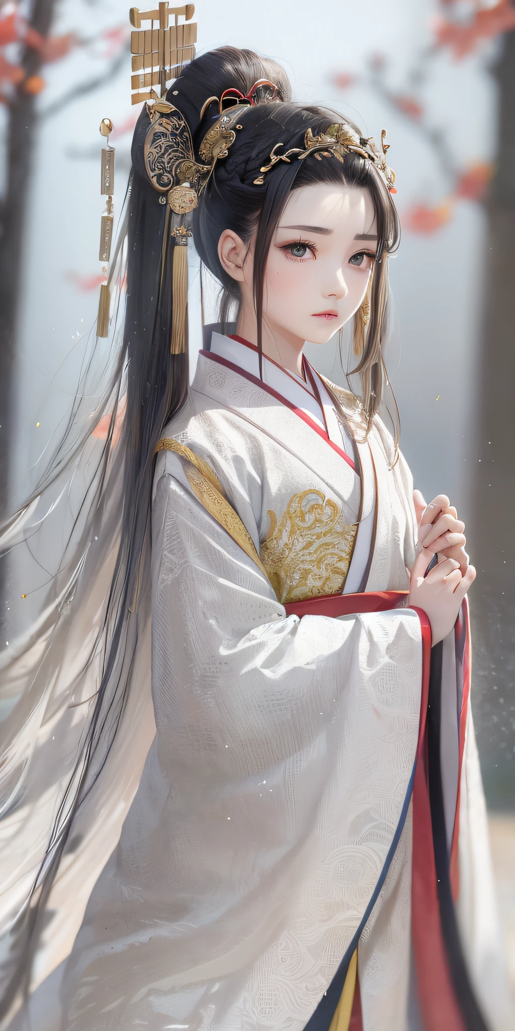 Need,tmasterpiece,whaite hair,Black deep eyes,Hanfu,Look up,The upper part of the body,Hairline,Fair skin,SideBraid,Han dynasty hairstyle,Han dynasty headdress,