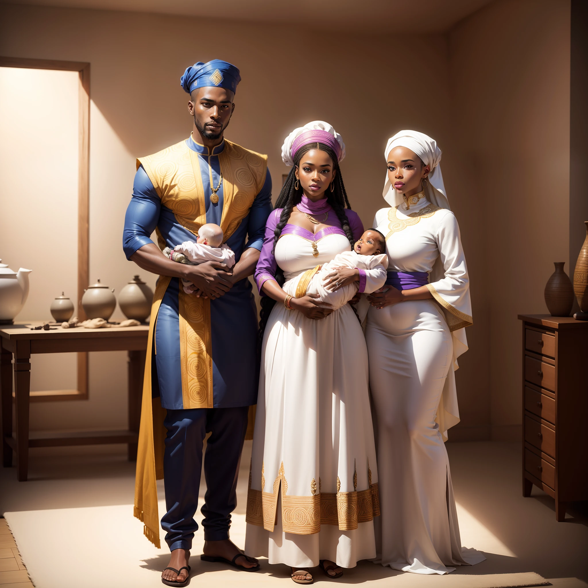 Full body shot of African husband and wife holding their baby, all wearing African designed clothes standing in a coloured white African designed room full of African weapons and African instruments, the whole scene in white colour, white smoke in scene, with iridescent light, photorealistic image, 32k, ultra HD, cinematic lighting, artgerm style, highly detailed images, vibrant and beautiful colours,