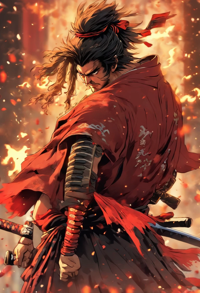 (Samurai de cabelos longos) (melhor qualidade, 8k) (anatomia bem desenhada, sangue 1.1) (well drawn hands) (arte no estilo manga) (cicatrizes no rosto)