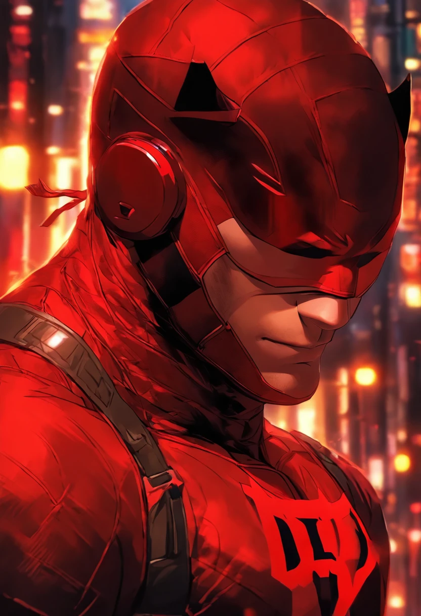 Daredevil as a teenager in a red combat suit, avec de petites lignes rouges et des yeux rouges, un masque demi-rouge, and a hint of smirking, with two small horns protruding from the top of the head.