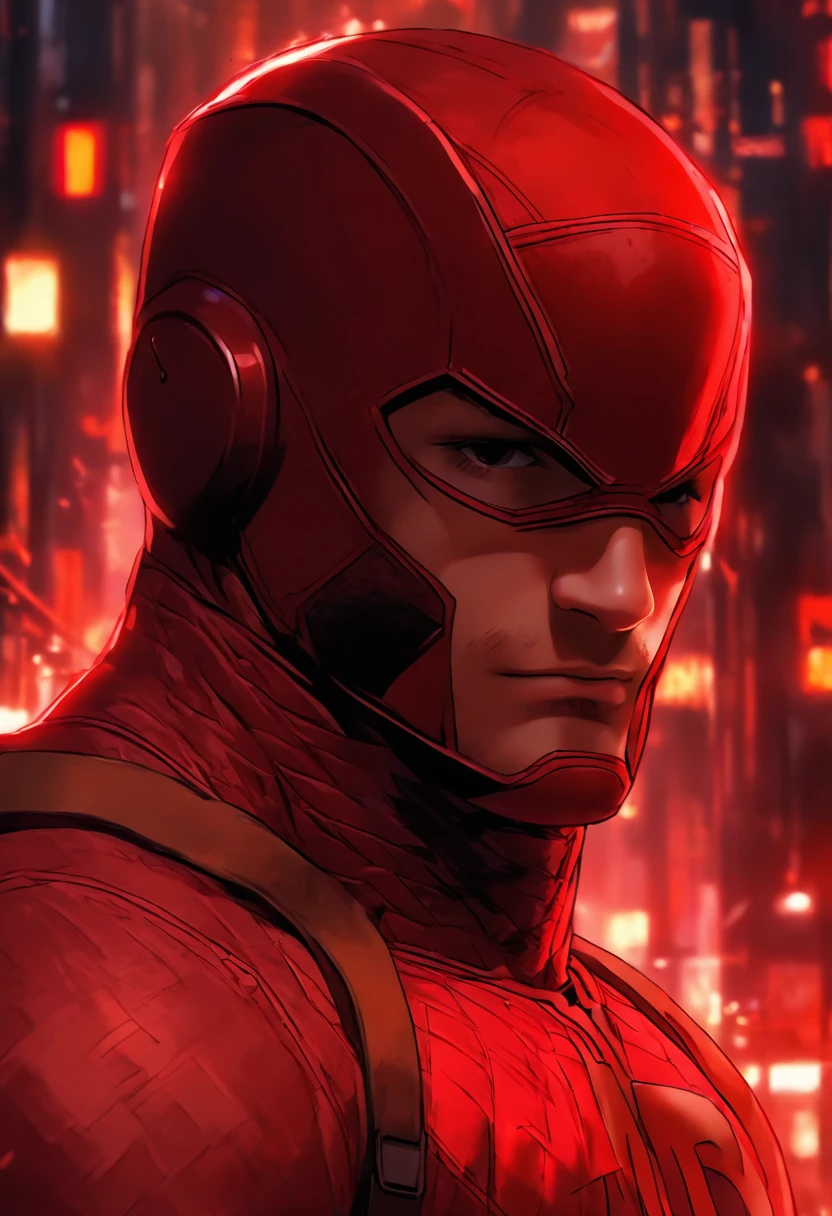 Daredevil as a ager in a red combat suit, avec de petites lignes rouges et des yeux rouges, un masque demi-rouge, and a hint of smirking, with two small horns protruding from the top of the head.