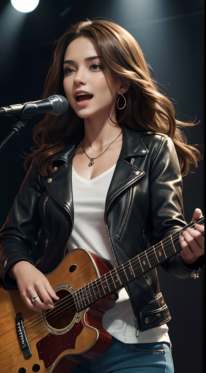 (Masterpiece:1.3, Best quality, Photorealistic, Ultra-detailed, finely detailed, high resolution, 8K wallpaper), 1 beautiful girl, Lead singer of the band group, In a leather jacket, Sing with an electric guitar, standing microphones, Mouth open, Beautiful face, Detailed face, Beautiful eyes, Detailed eyes, Smiling, Earrings, necklace, Detailed guitar, (Straight guitar neck and strings), Medium length light brown hair, be on stage, spotlight, Look at the viewer