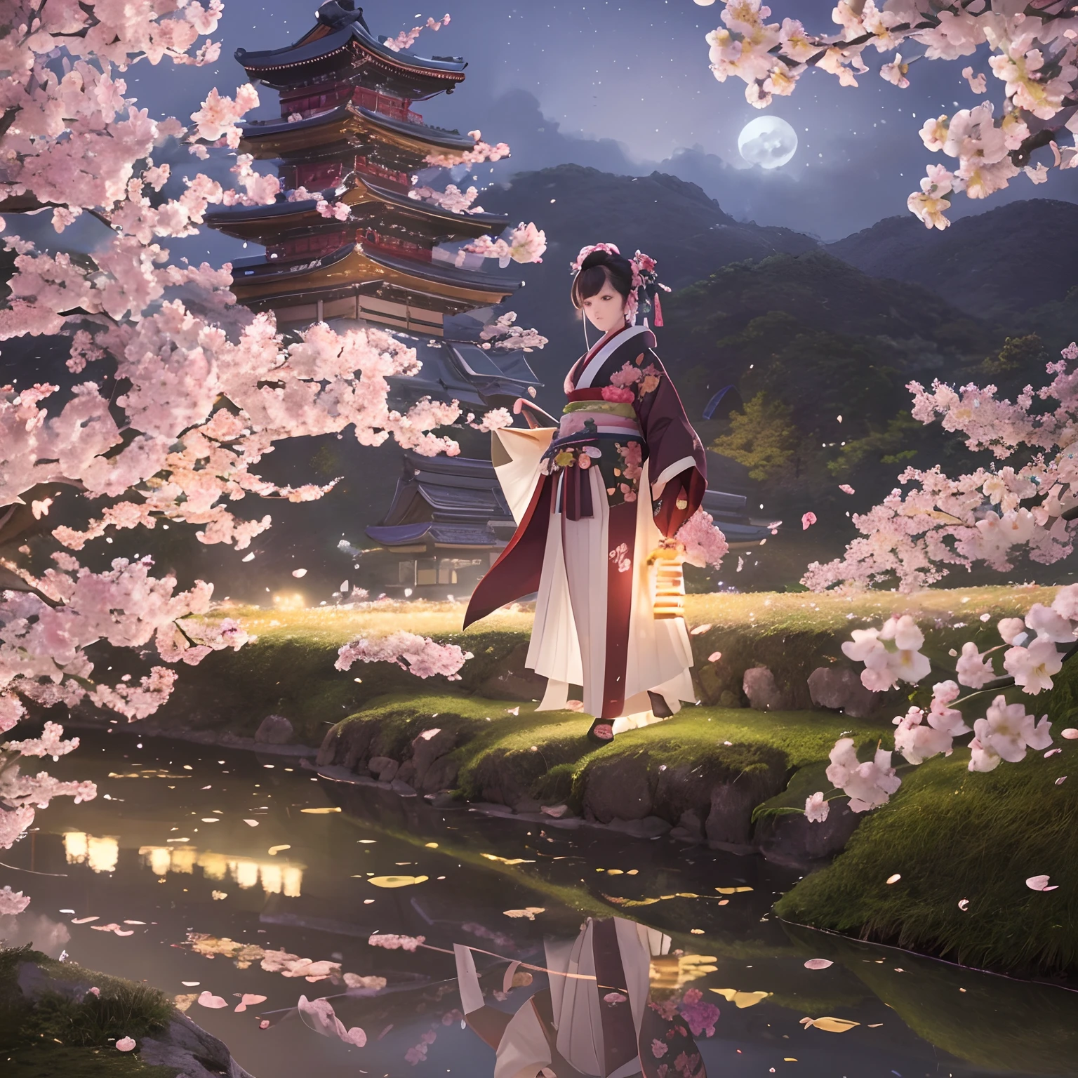 An ultra-high picture quality, Super Detail, 超A high resolution, Midnight, Many lilies and cherry blossoms illuminated by moonlight on the high ground of the town, Landscape painting, Samurai Man,woman wearing the kimono,Pencil drawing art, Delicate and detailed composition, Professional Lighting