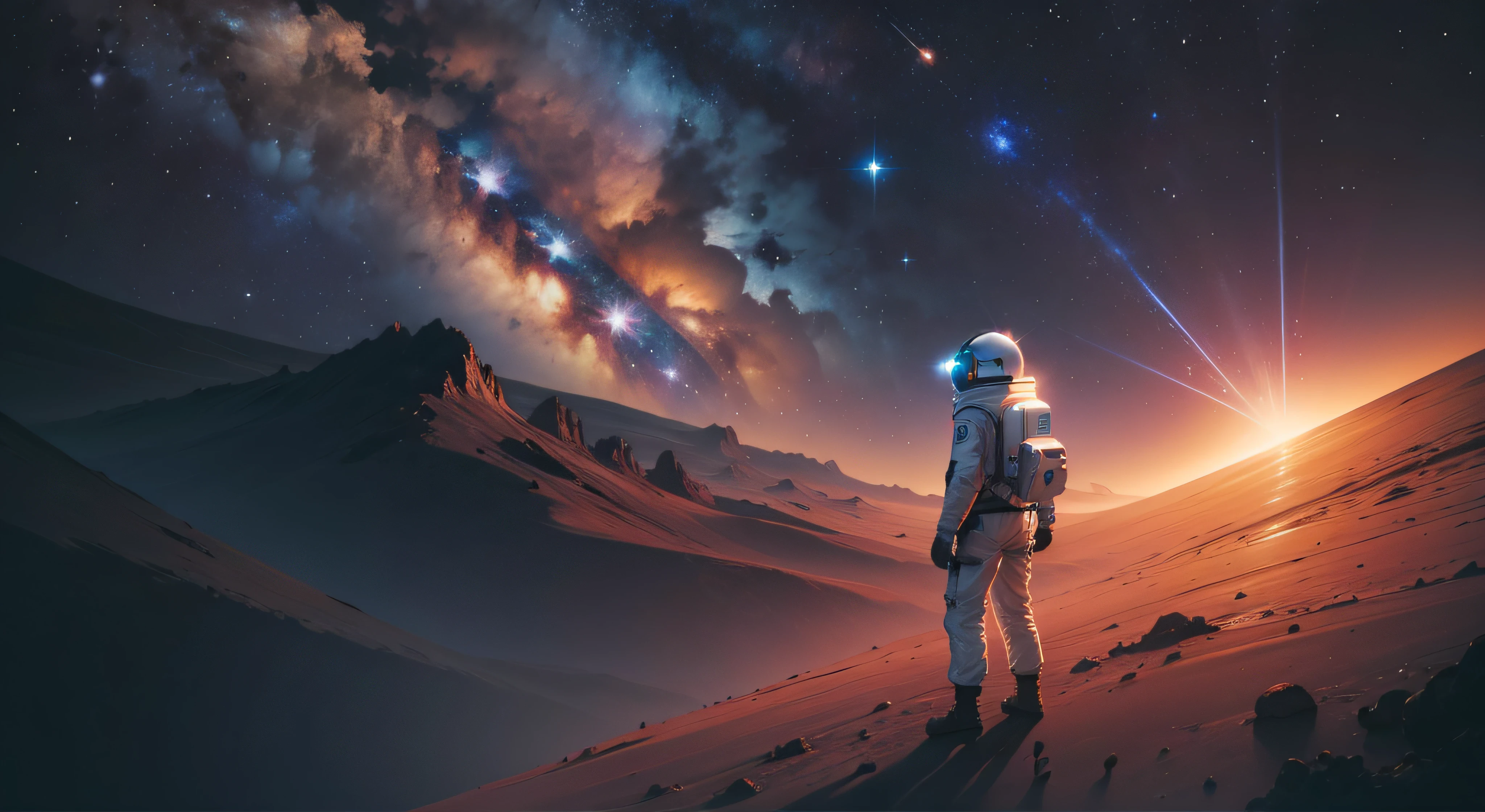 o astronauta,spaceship,The Milky Way is in the sky,Fundo do Universo,There are planets in the distance, On the surface of a magma-filled planet, Nave espacial no fundo, Astronauta