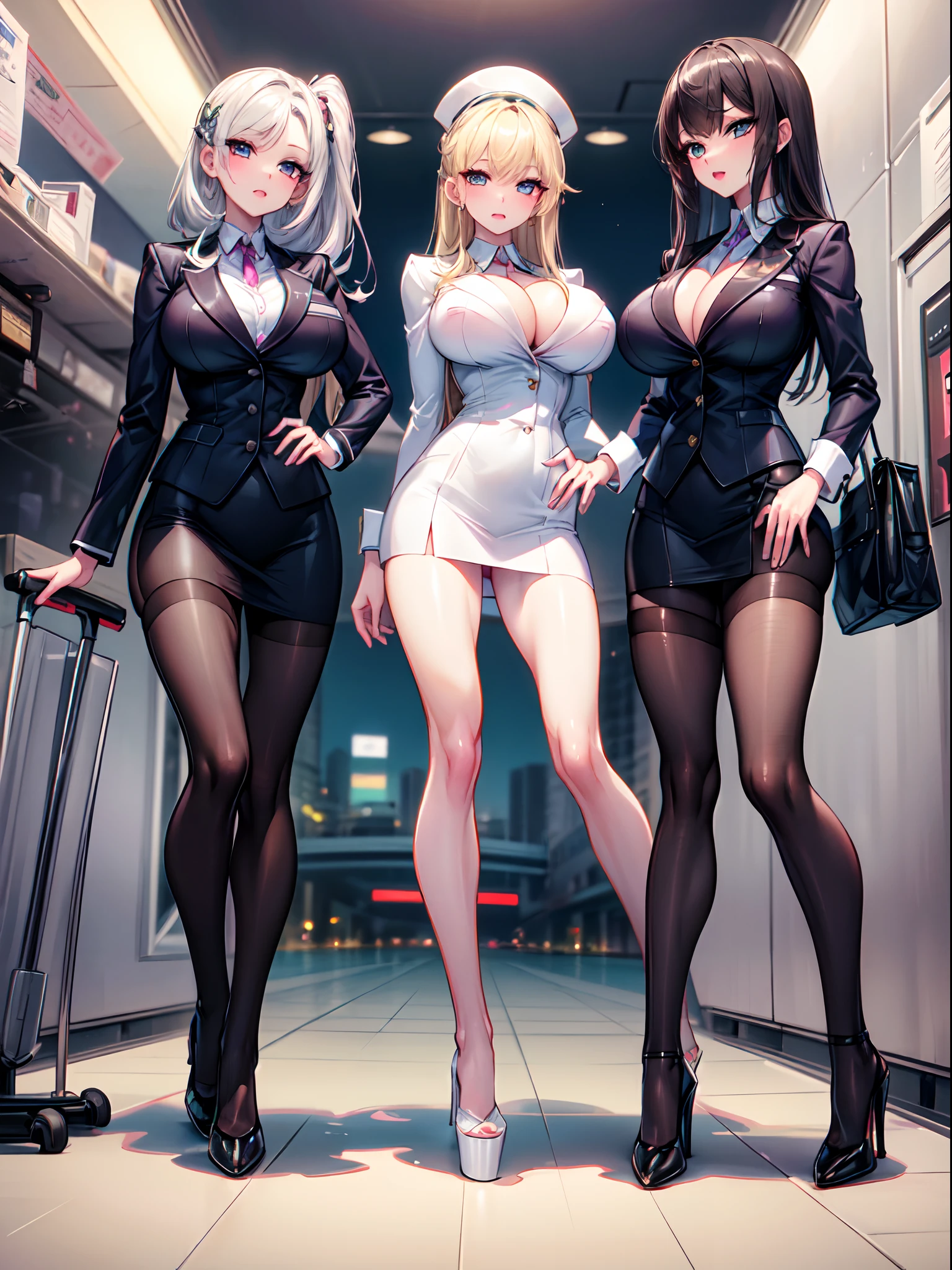 masterpiece, best quality, official art, extremely detailed, 3girls, flight attendant, high heels, airport