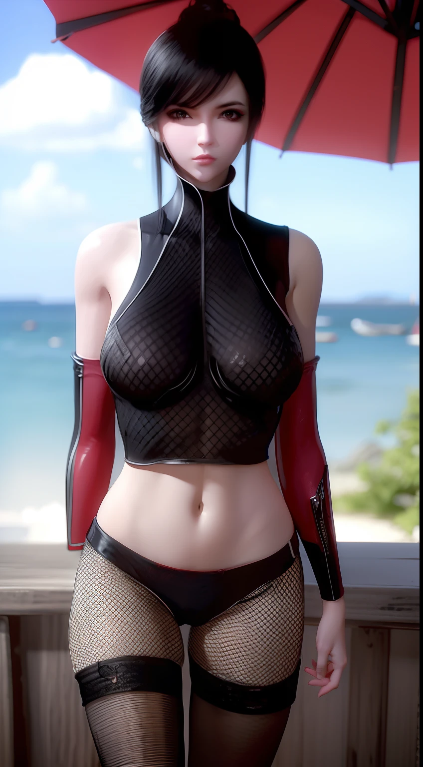 A girl with black hair，Bigchest。Wearing sexy red mesh lingerie by the sea