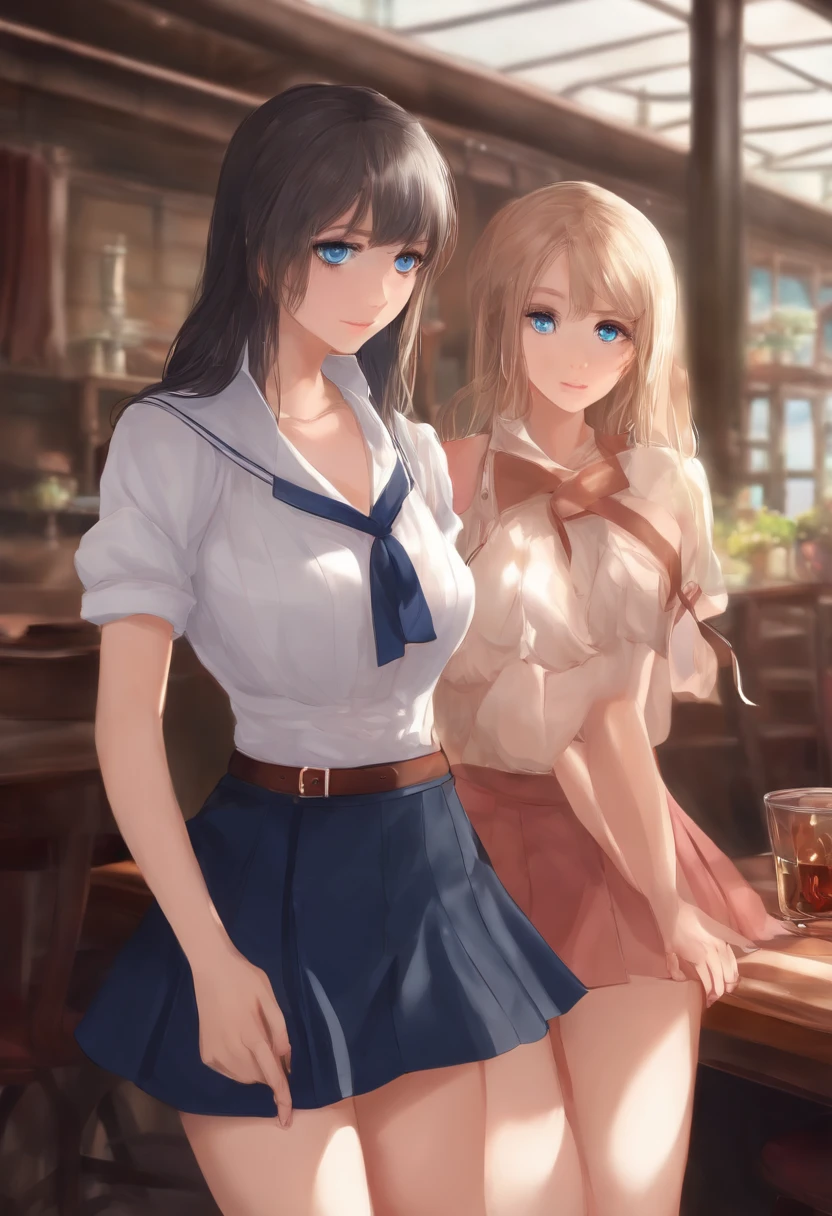hindquarters,Blue eyes, 2 girls,Breasts, Panties, Short skirt, She wanted to order