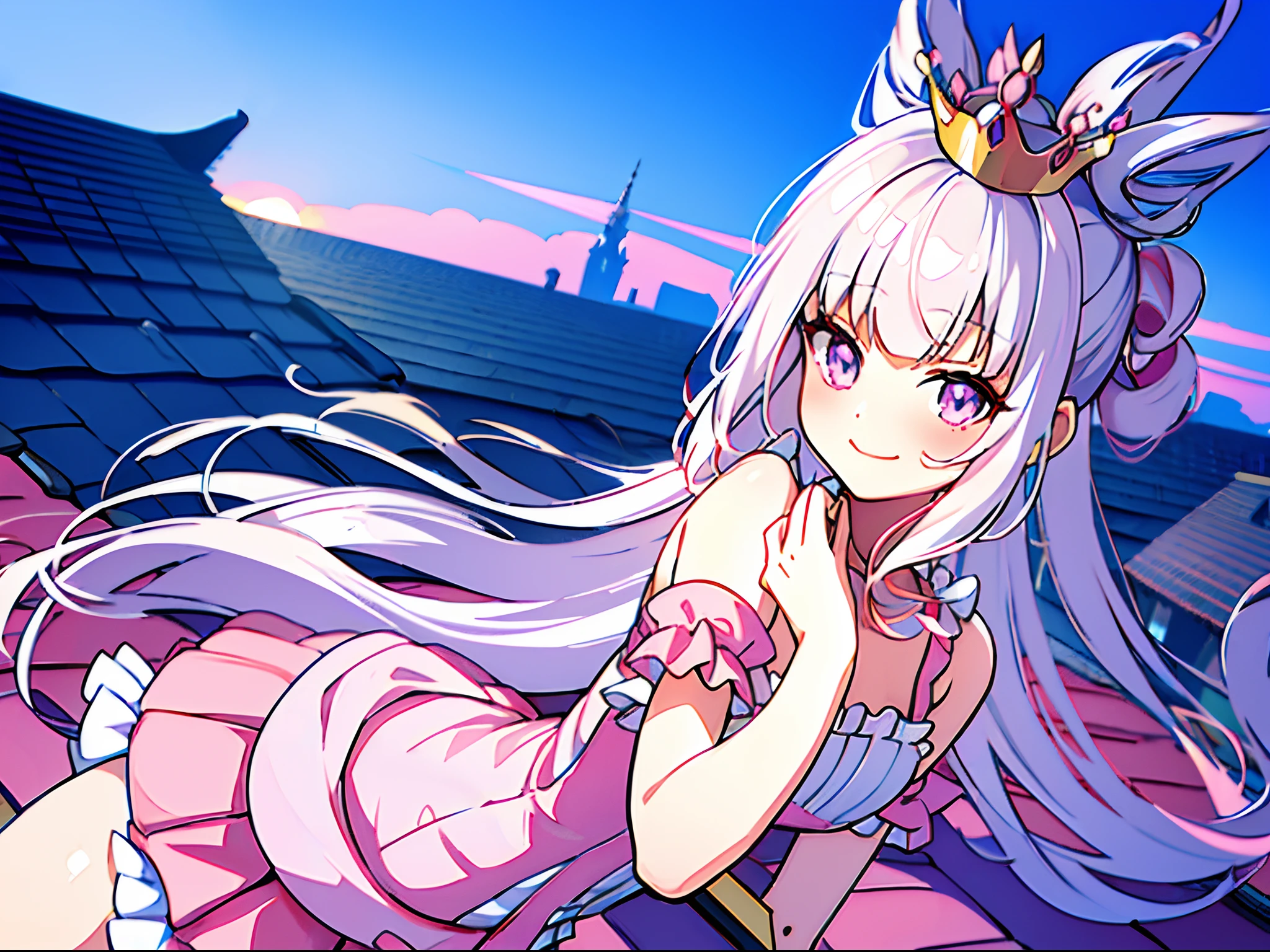 Best Quality, masutepiece, Very cute and gentle girl, (Chibi, Petite), (Solo:1.2), (Detailed hat in pink with a lot of frills:1.3), (Detailed princess dress in pink with many ruffles:1.3),afternoon,beautiful backgroud,Symmetrical beautiful gentle eyes, (beautiful and detailed face), (Beautiful white hair, topknot), Blunt bangs, nice hand, Perfect hands, Smile, (School rooftop:1.3)