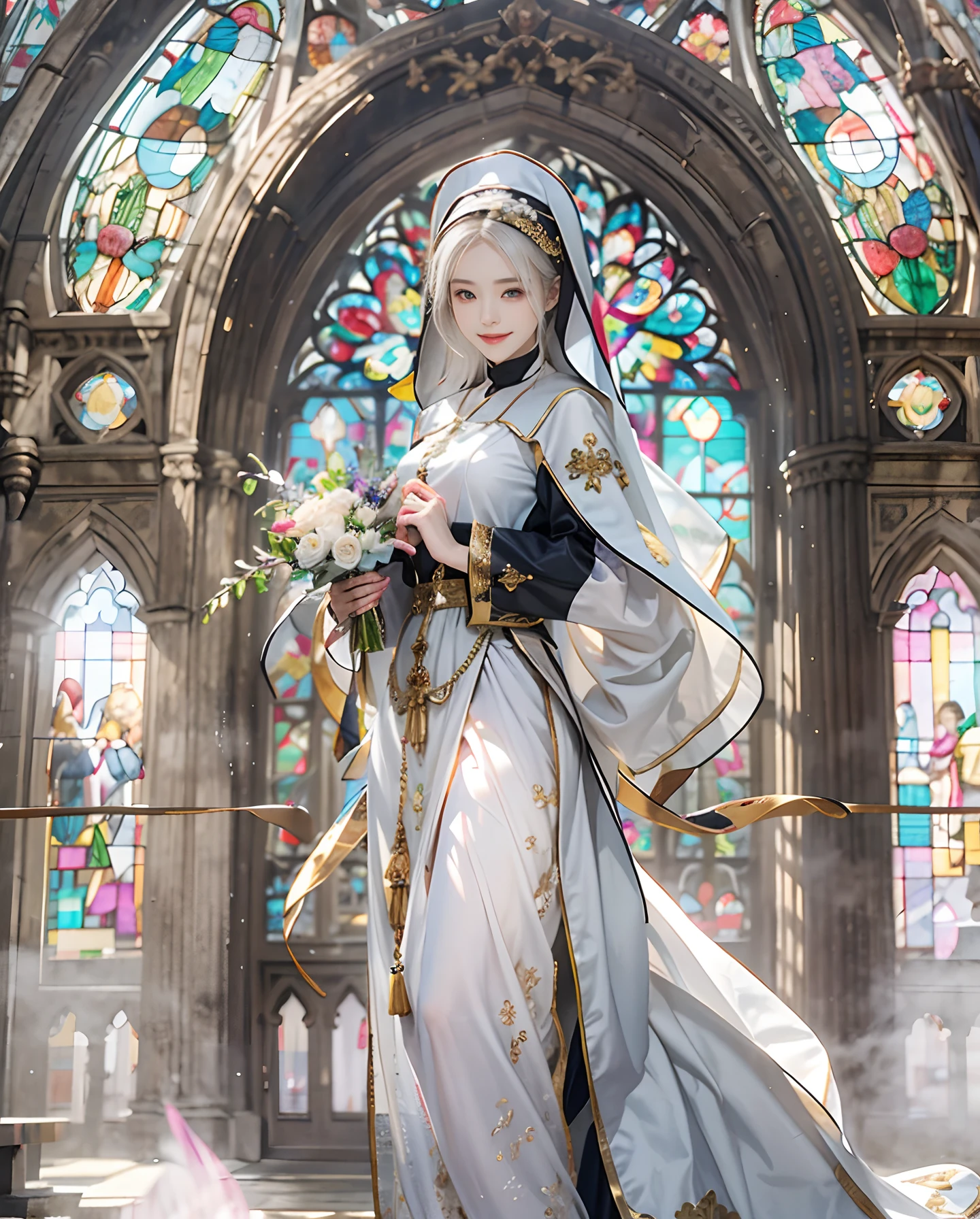 masutepiece、hight resolution、Nun costume、25Old Female、1girl with、Look at the viewer、smil、Okappa、The background is a monastery、Beautiful stained glass、the skin is white and transparent、Beautiful nun praying to God、Smile、the skin is white and transparent、Paws are thin and beautiful,high-heels、No plaque required、