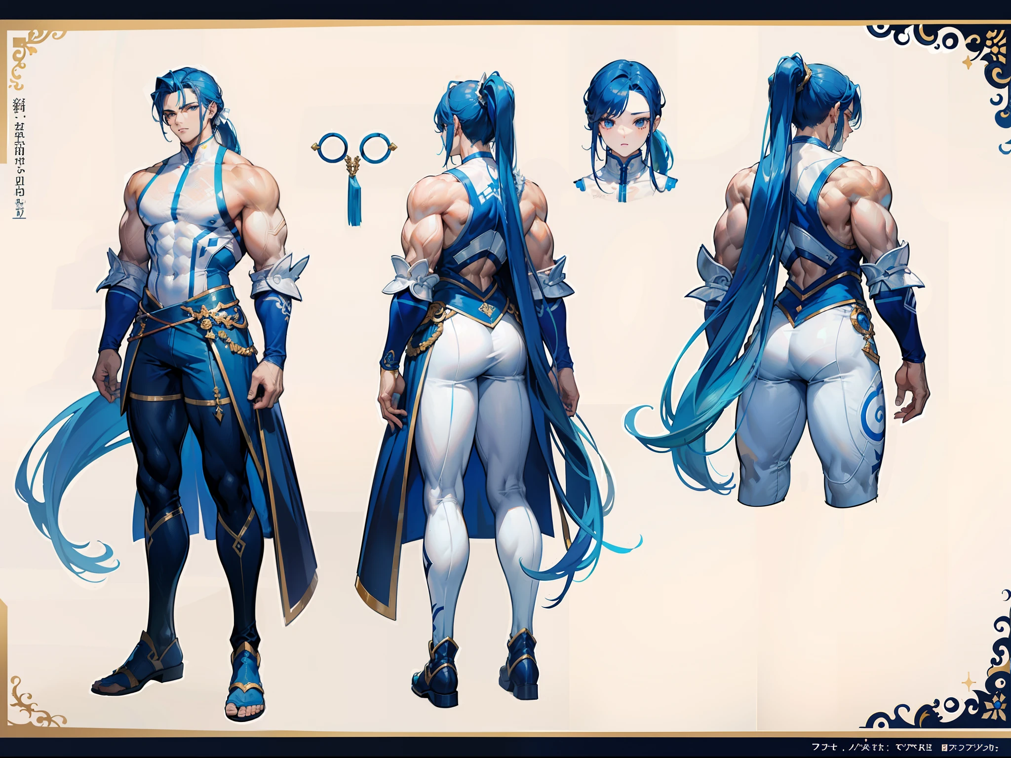 ((Masterpiece, Highest quality)), Detailed face, character design sheet， full bodyesbian, Full of details, frontal body view, back body view, Highly detailed, Depth, Many parts, Muscle boy with ponytail long blue hair，handsome man, muscle body, white outfit male gods, man tall