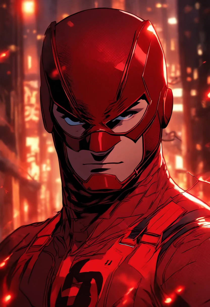 daredevil as a ager in a red battle suit, with small red eyelines and red eyelences, a half-red mask, and a hint of a smirk, with two small horns protruding from the top of the head. anime version