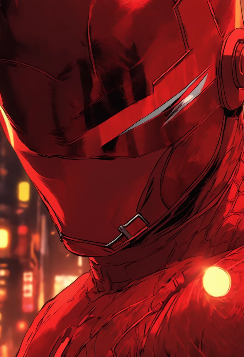 daredevil as a ager in a red battle suit, with small red eyelines and red eyelences, a half-red mask, and a hint of a smirk, with two small horns protruding from the top of the head. anime version
