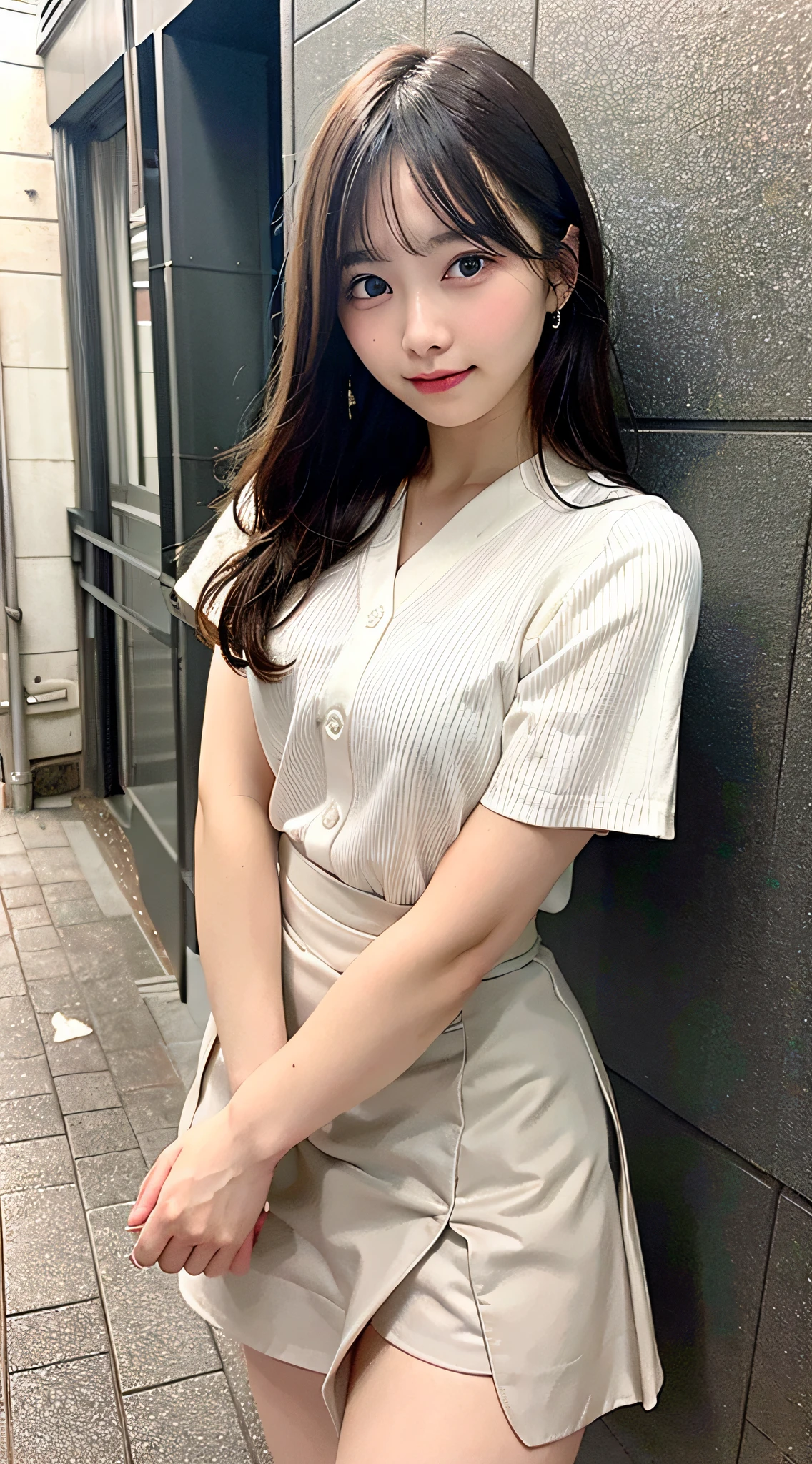 (1 woman:1.99)、(Wide forehead、Very short hair、Very small amount of hair、Forehead、Fuji frame:1.1)、Sunburn、、Naughty、Happy expression、満面のsmile、Weakness、love、I feel very comfortable alone、(Karen Kouzuki),((Very sleepy、Improves skin texture,smile、Narrow eyes、Very weak eyesight、Very weak eyeliner、Eyes slightly closed、I know the shape of your head、Oval Face))、(slicked back hair:1.25)、Photographic, Raw photo, Mastepiece, Highly detailed photos, Digital SLR, Photo-realistic 1.4, Super hello nothing, Best Quality,(standing、tilting your head、whole body:1.7)