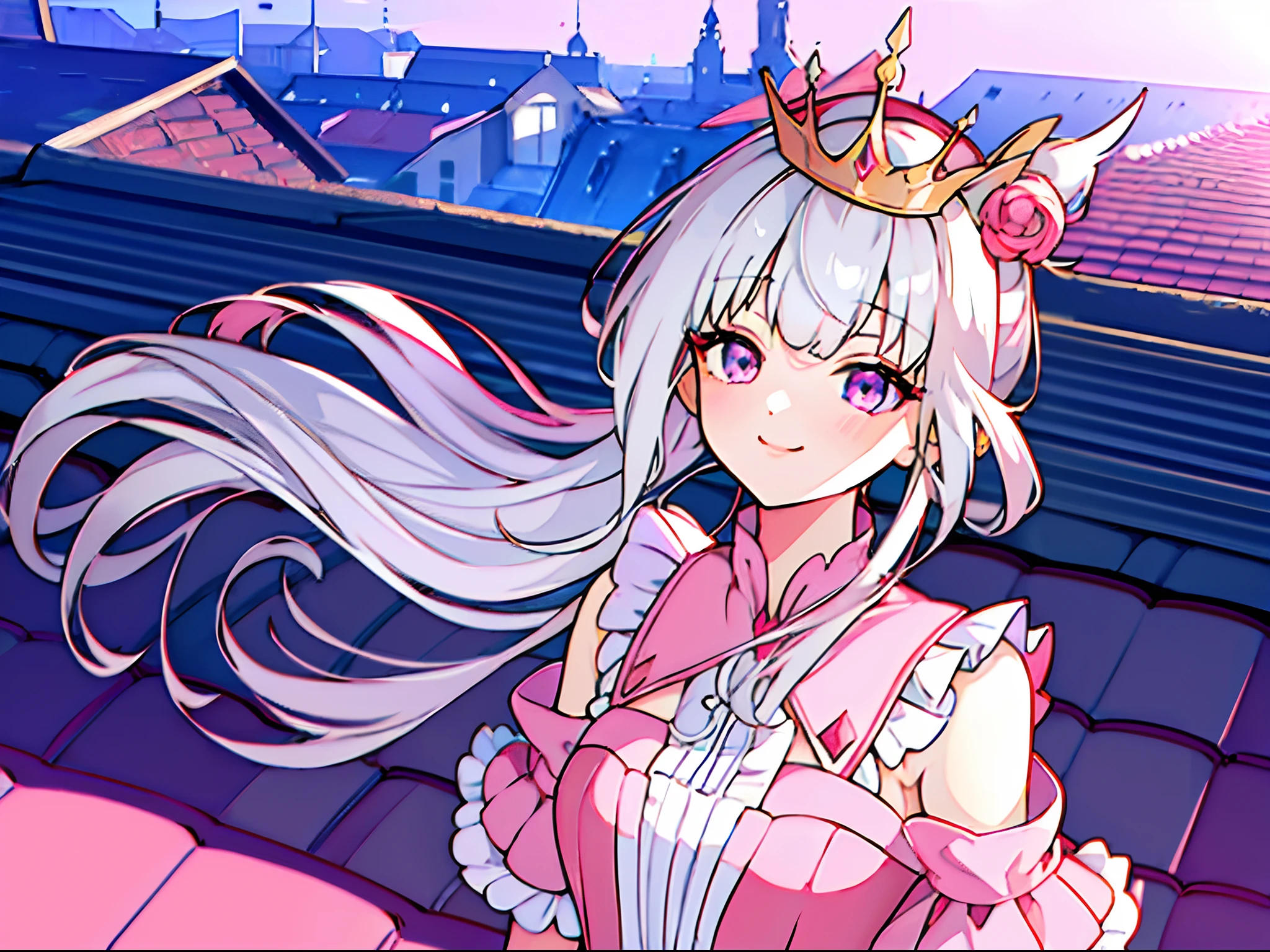 Best Quality, masutepiece, Very cute and gentle girl, (Chibi, Petite), (Solo:1.2), (Detailed hat in pink with a lot of frills:1.3), (Detailed princess dress in pink with many ruffles:1.3),afternoon,beautiful backgroud,Symmetrical beautiful gentle eyes, (beautiful and detailed face), (Beautiful white hair, topknot), Blunt bangs, nice hand, Perfect hands, Smile, (School rooftop:1.3)