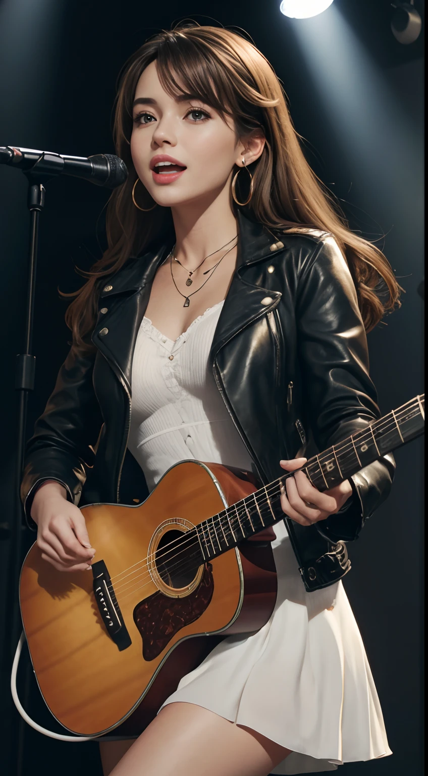 (Masterpiece:1.3, Best quality, Photorealistic, Ultra-detailed, finely detailed, high resolution, 8K wallpaper), 1 beautiful girl, Lead singer of the band group, In a leather jacket, Sing with an electric guitar, standing microphones, Mouth open, Beautiful face, Detailed face, Beautiful eyes, Detailed eyes, Smiling, Earrings, necklace, Detailed guitar, (Straight guitar neck and strings), Medium length light brown hair, be on stage, spotlight, Look at the viewer