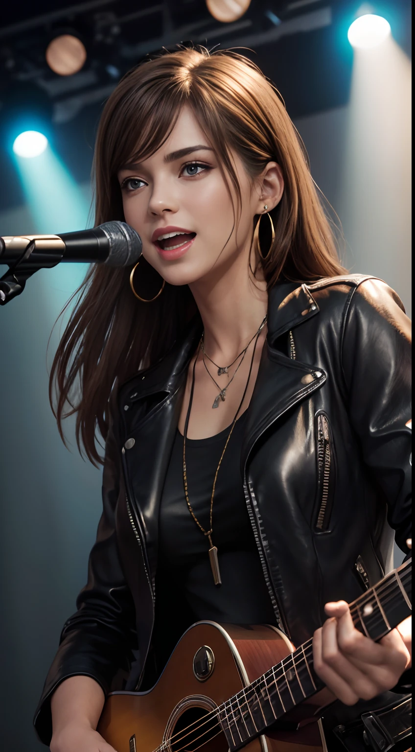 (Masterpiece:1.3, Best quality, Photorealistic, Ultra-detailed, finely detailed, high resolution, 8K wallpaper), 1 beautiful girl, Lead singer of the band group, In a leather jacket, Sing with an electric guitar, standing microphones, Mouth open, Beautiful face, Detailed face, Beautiful eyes, Detailed eyes, Smiling, Earrings, necklace, Detailed guitar, (Straight guitar neck and strings), Medium length light brown hair, be on stage, spotlight, Look at the viewer