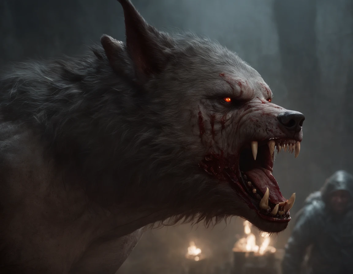 Uma pintura de um lobo realmente mest, with a bloodied face and a bloody head, Chifres, Runas azuis, carnificina, Sci - Horror Art of Fiction, Science fiction horror art, inspirado em Aleksi Briclot, Presas da carnificina, arte de fantasia de terror, Directed by: Aleksi Briclot, arte conceitual de terror, veneno, Arte de fantasia e terror, Detailed illustration of 4K horror, demonic creature, arte de terror de fantasia sombria