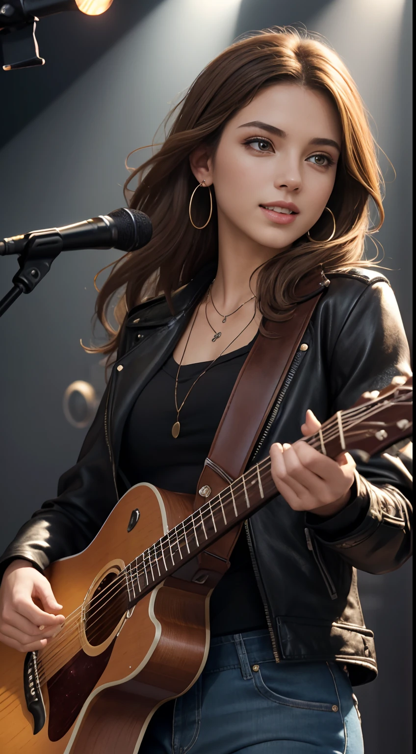 (Masterpiece:1.3, Best quality, Photorealistic, Ultra-detailed, finely detailed, high resolution, 8K wallpaper), 1 beautiful girl, Lead singer of the band group, In a leather jacket, Sing with an electric guitar, standing microphones, Mouth open, Beautiful face, Detailed face, Beautiful eyes, Detailed eyes, Smiling, Earrings, necklace, Detailed guitar, (Straight guitar neck and strings), Medium length light brown hair, be on stage, spotlight, Look at the viewer