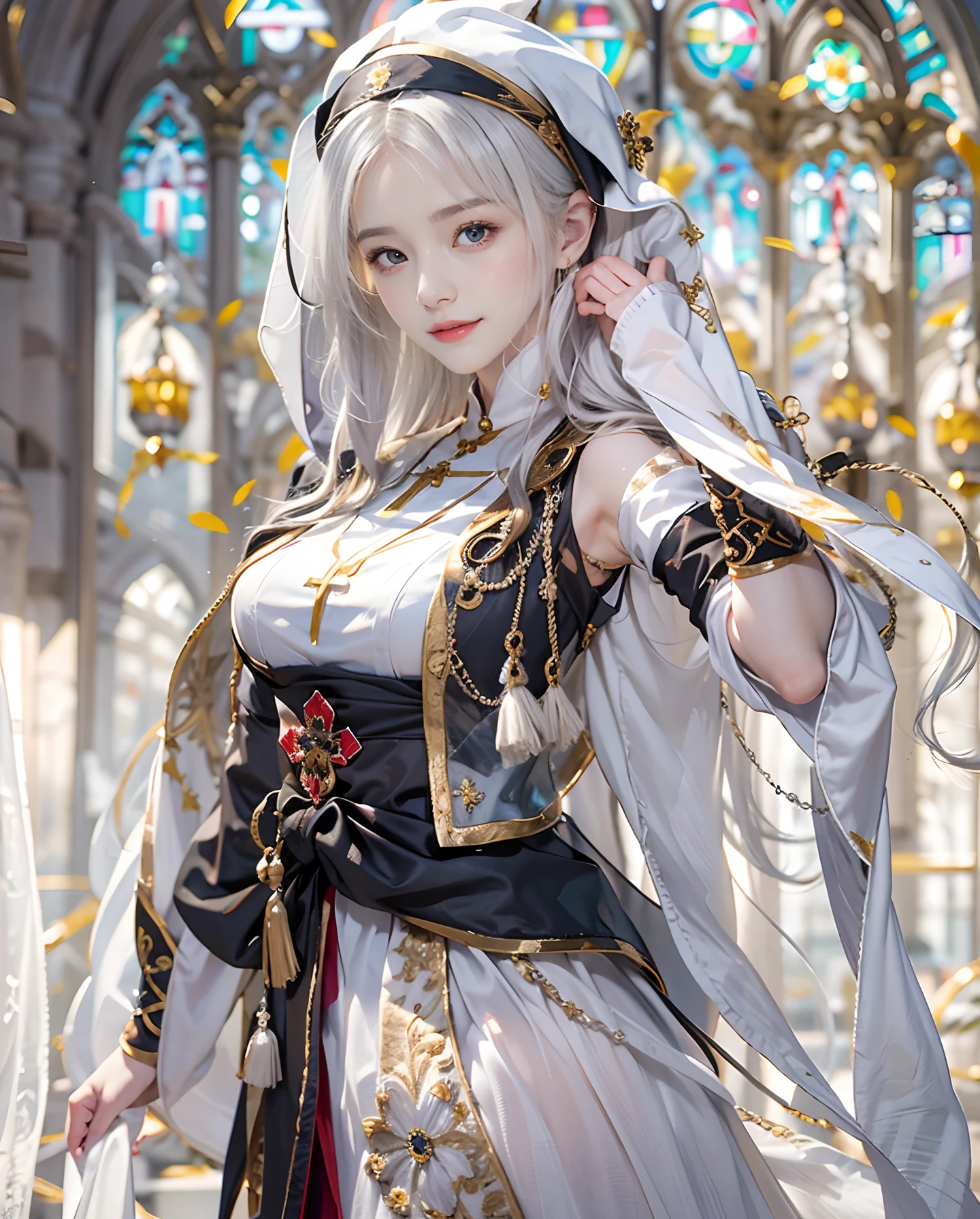 masutepiece、hight resolution、Nun costume、25Old Female、1girl with、Look at the viewer、smil、Okappa、The background is a monastery、Beautiful stained glass、the skin is white and transparent、Beautiful nun praying to God、Smile、the skin is white and transparent、legs are thin and beautiful,high-heels、No plaque required、