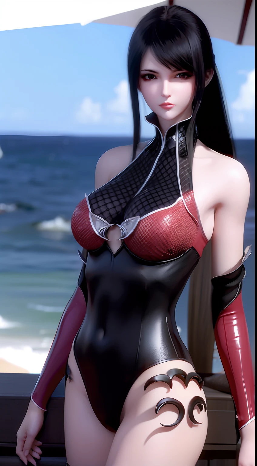 A girl with black hair，Bigchest。Wearing sexy red mesh lingerie by the sea