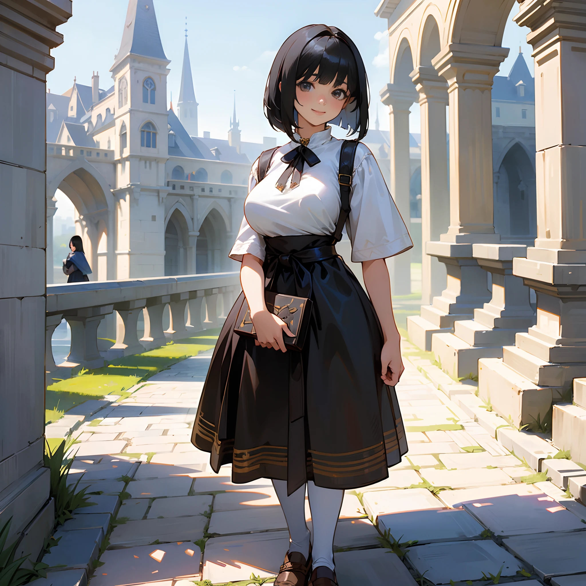 With the best image quality、Teenage girl standing alone outdoors。In high resolution、Beautiful fine details、tranquil atmosphere。((Black Hair Bob Hair))、Cute smile。(((breasts are large)))、I don't have anything in my hands、realistic hand、Medieval European national costume with short sleeves、Medieval European Streets、Leather shoes。