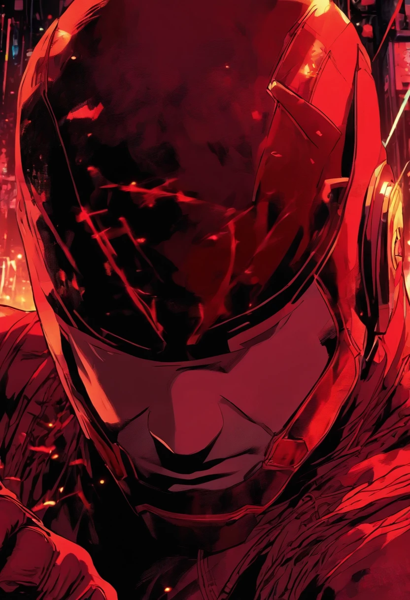 Daredevil as a teenager in a red combat suit, avec de petites lignes rouges et des yeux rouges, un masque demi-rouge, and a hint of smirking, with two small horns protruding from the top of the head. Version anime , anime poster