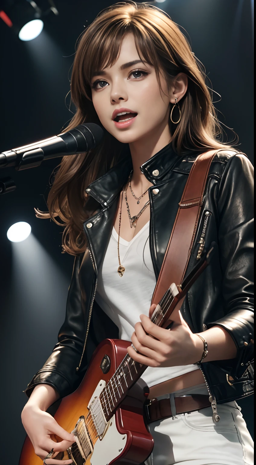 (Masterpiece:1.3, Best quality, Photorealistic, Ultra-detailed, finely detailed, high resolution, 8K wallpaper), 1 beautiful girl, Lead singer of the band group, In a leather jacket, Sing with an electric guitar, standing microphones, Mouth open, Beautiful face, Detailed face, Beautiful eyes, Detailed eyes, Smiling, Earrings, necklace, Detailed guitar, (Straight guitar neck and strings), Medium length light brown hair, be on stage, spotlight, Look at the viewer