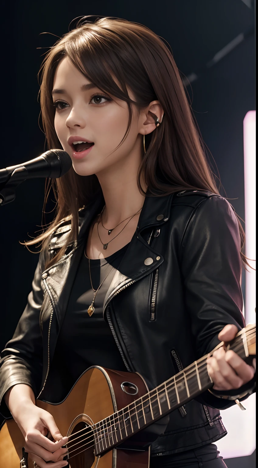 (Masterpiece:1.3, Best quality, Photorealistic, Ultra-detailed, finely detailed, high resolution, 8K wallpaper), 1 beautiful girl, Lead singer of the band group, In a leather jacket, Sing with an electric guitar, standing microphones, Mouth open, Beautiful face, Detailed face, Beautiful eyes, Detailed eyes, Smiling, Earrings, necklace, Detailed guitar, (Straight guitar neck and strings), Medium length light brown hair, be on stage, spotlight, Look at the viewer