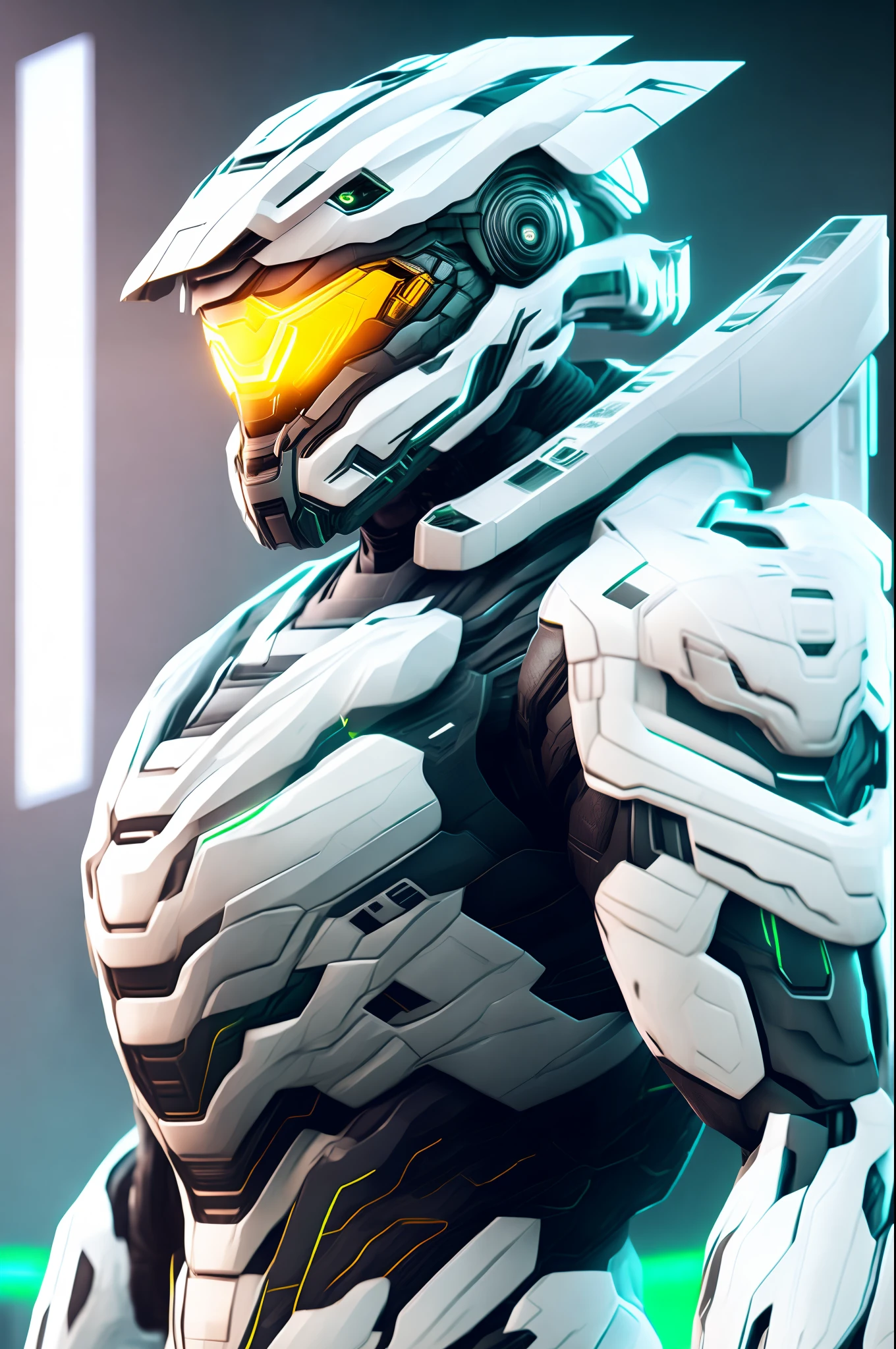 Masterchief of the halo game with white technological armor, Cyberpunk, 8k