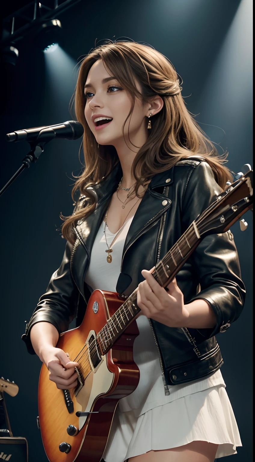 (Masterpiece:1.3, Best quality, Photorealistic, Ultra-detailed, finely detailed, high resolution, 8K wallpaper), 1 beautiful girl, Lead singer of the band group, In a leather jacket, Sing with an electric guitar, standing microphones, Mouth open, Beautiful face, Detailed face, Beautiful eyes, Detailed eyes, Smiling, Earrings, necklace, Detailed guitar, (Straight guitar neck and strings), Medium length light brown hair, be on stage, spotlight, Look at the viewer