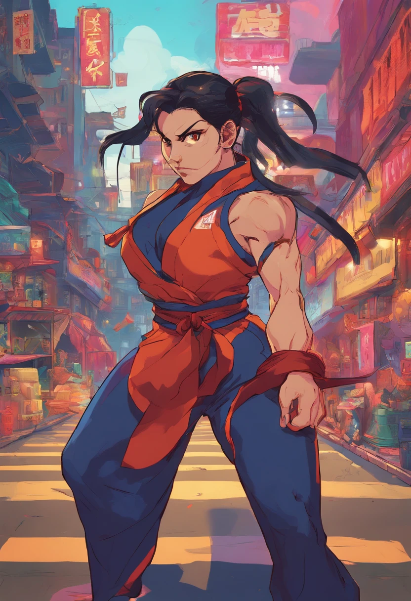 best quality, 8k, a woman in a top and baggy pants, black hair, wicked smile, city scenery, pc wallpaper,