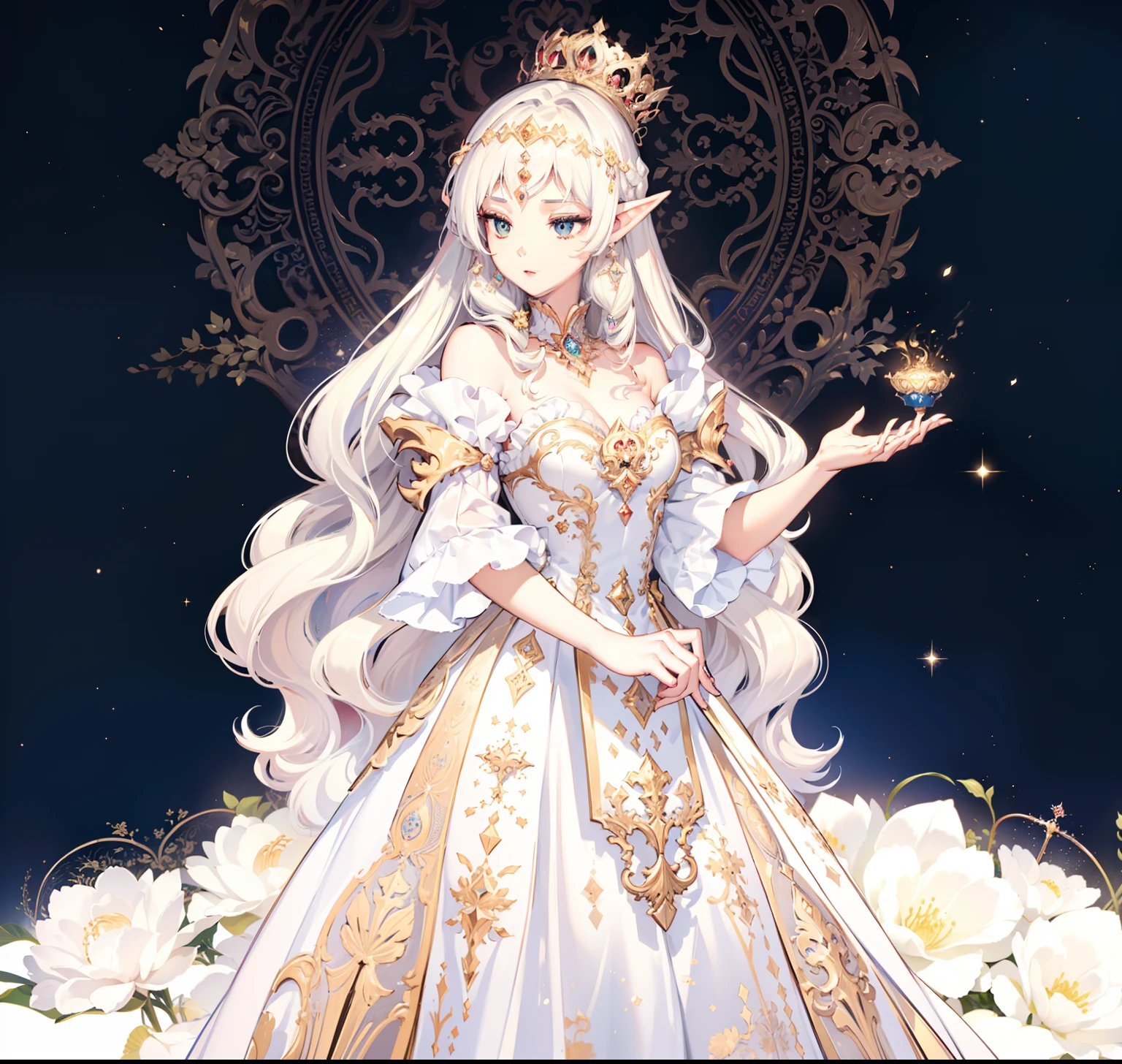 a close up of a woman in a dress with a crown on her head, ((a beautiful fantasy empress)), a beautiful fantasy empress, white haired deity, gilded lotus princess, royal elegant pose, anime princess, queen and ruler of the universe, blonde - haired princess, anime goddess, rococo queen, beautiful and elegant elf queen, goddess of galaxies