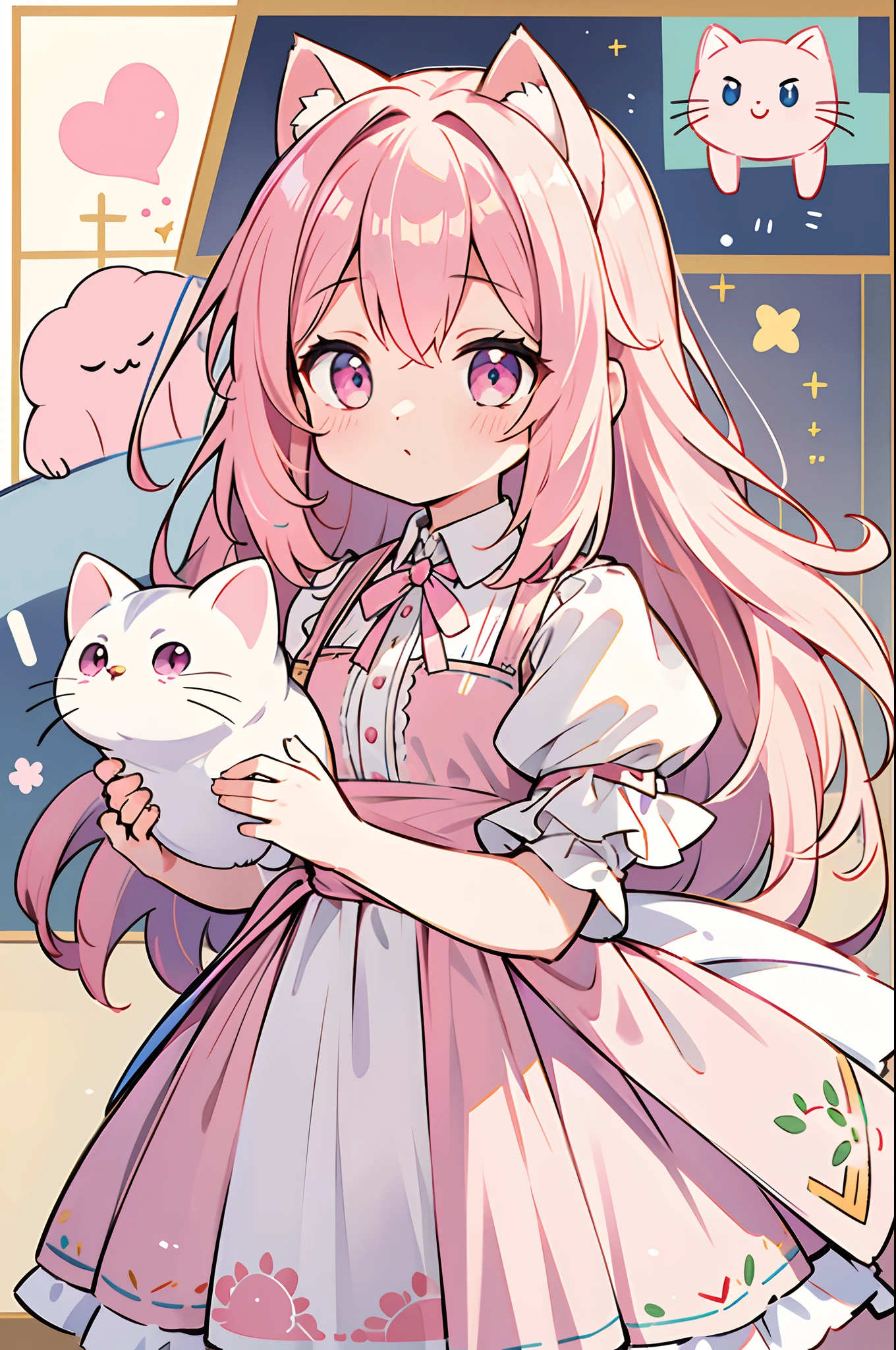 extremely detailed CG unified 8k wallpaper, very fine 8KCG wallpaper, absurderes，Lori ，Best Quality ，ultra-detailliert ，Beautiful face ，​masterpiece、Show from head to waist、a girl is standing、top-quality(​masterpiece), top-quality, 1shota in, lightpink hair、long、Light pink dress、shortsleeves、Light pink ribbon、light pink eyes、kawaii、((Cat's ears))、