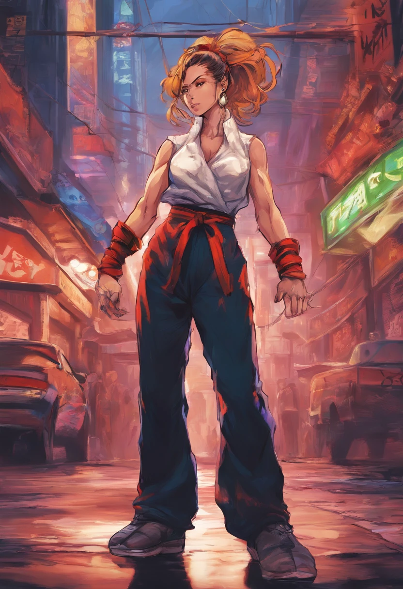 best quality, 8k, a woman in a top and baggy pants, city scenery, pc wallpaper,