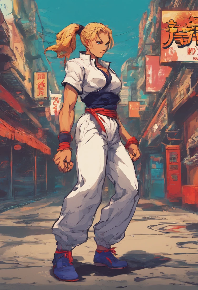 best quality, 8k, a woman in a top and baggy pants, city scenery, pc wallpaper,