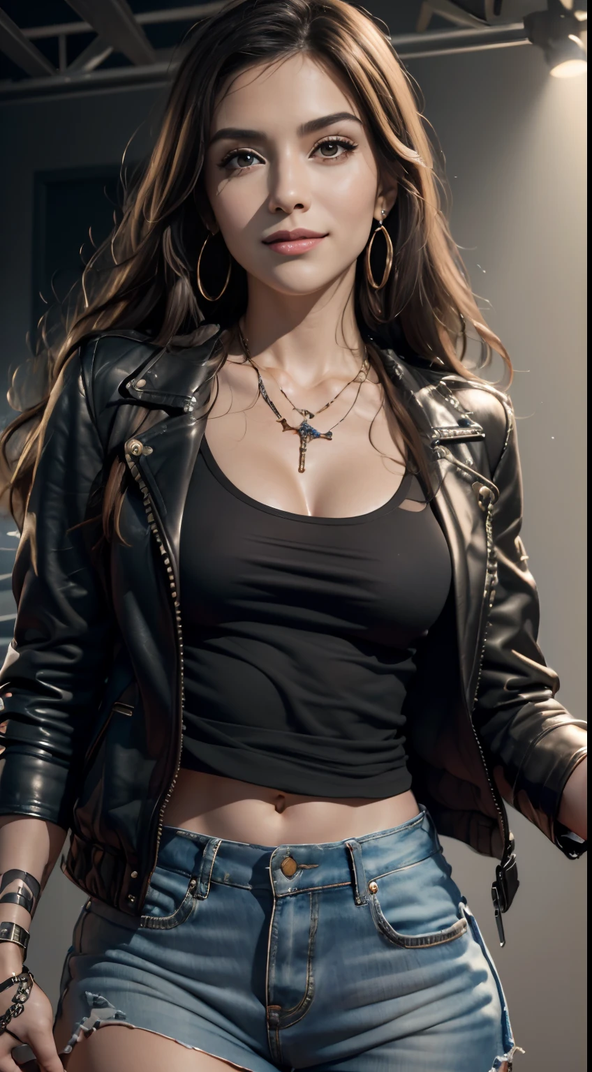 (Masterpiece:1.3, Best quality, Photorealistic, Ultra-detailed, finely detailed, high resolution, 8K wallpaper), 1 beautiful girl, Lead singer of the band group, In a leather jacket, Sing with an electric guitar, standing microphones, Mouth open, Beautiful face, Detailed face, Beautiful eyes, Detailed eyes, Smiling, Earrings, necklace, Detailed guitar, (Straight guitar neck and strings), Medium length light brown hair, be on stage, spotlight, Look at the viewer