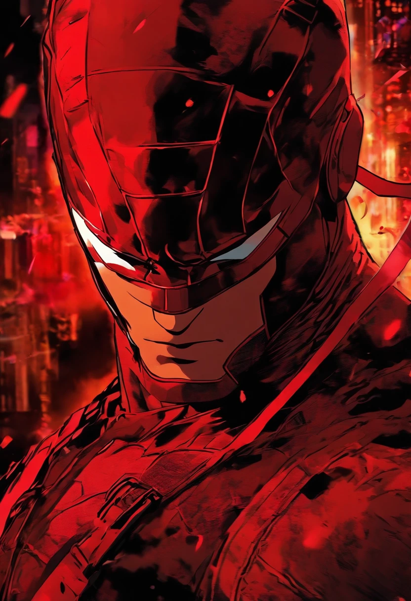 Daredevil adolescent dans un costume de combat rouge, avec de petites lignes rouges et des yeux rouges, un masque demi-rouge, and a hint of smirking, with two small horns protruding from the top of the head. Version anime , anime poster