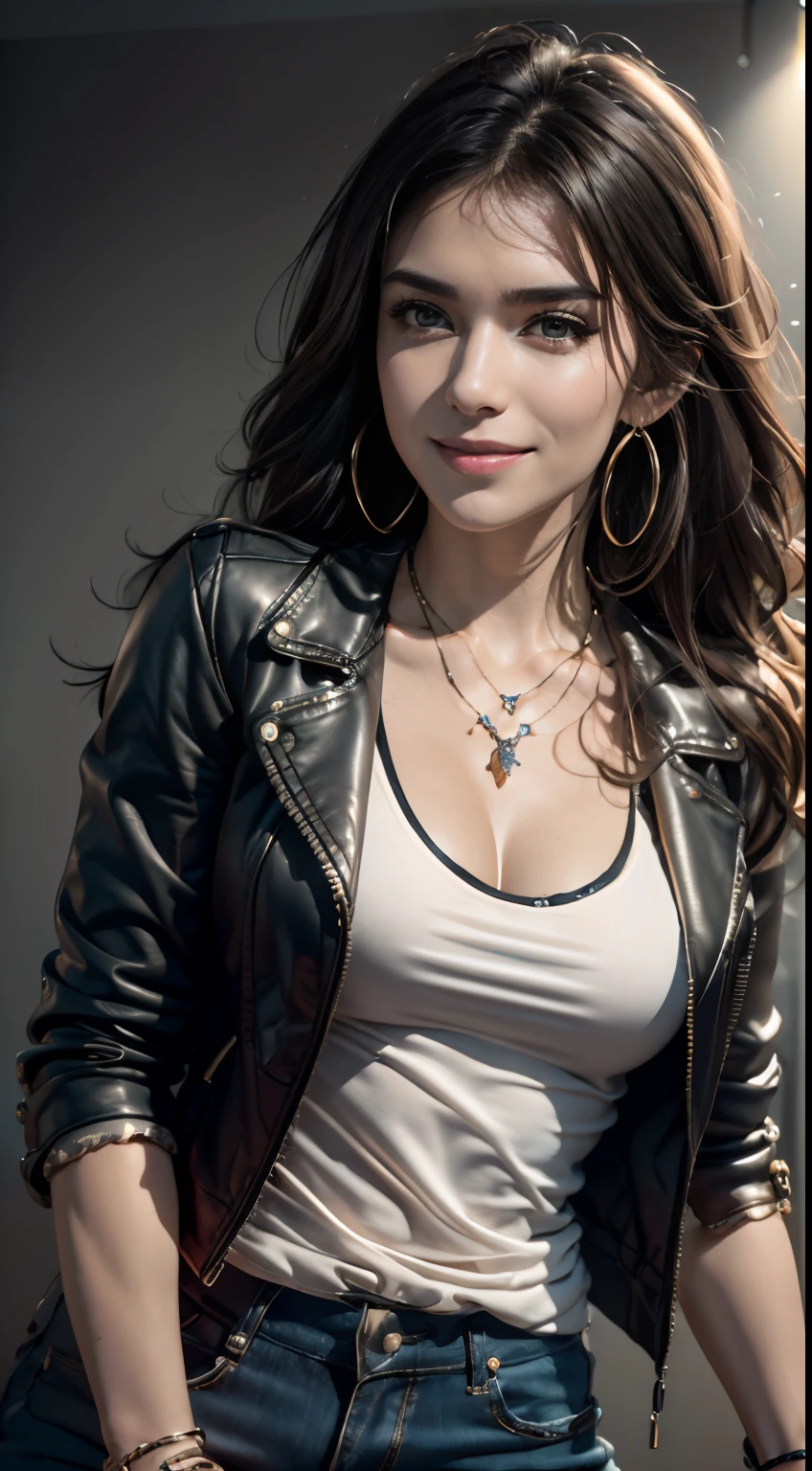 (Masterpiece:1.3, Best quality, Photorealistic, Ultra-detailed, finely detailed, high resolution, 8K wallpaper), 1 beautiful girl, Lead singer of the band group, In a leather jacket, Sing with an electric guitar, standing microphones, Mouth open, Beautiful face, Detailed face, Beautiful eyes, Detailed eyes, Smiling, Earrings, necklace, Detailed guitar, (Straight guitar neck and strings), Medium length light brown hair, be on stage, spotlight, Look at the viewer