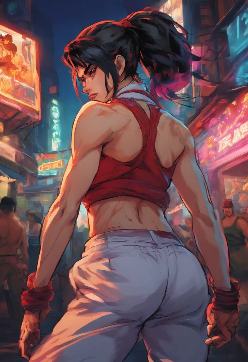 Close up image of 1 subjects, 1girl with black hair, looks like Jenna Ortega, pale skin, freckles, sweaty, naked, nude, small breasts, bruised, blood, bare feet, scratches all over body, (head and shoulders portrait) (woman looks scared), frightened, down a dirty city alley, futuristic city at (night:1.4), blue and yellow neon signs, chase scene, action scene, thick outlines, comic book style, dynamic camera angle, realistic skin, realistic hands, perfect hands, action lines, motion blur background