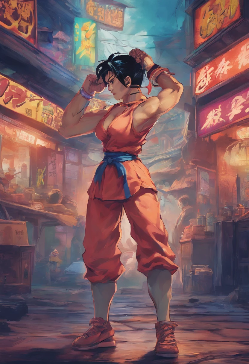 best quality, 8k, a woman in a top and baggy pants, black hair, wicked hair, city scenery, pc wallpaper,